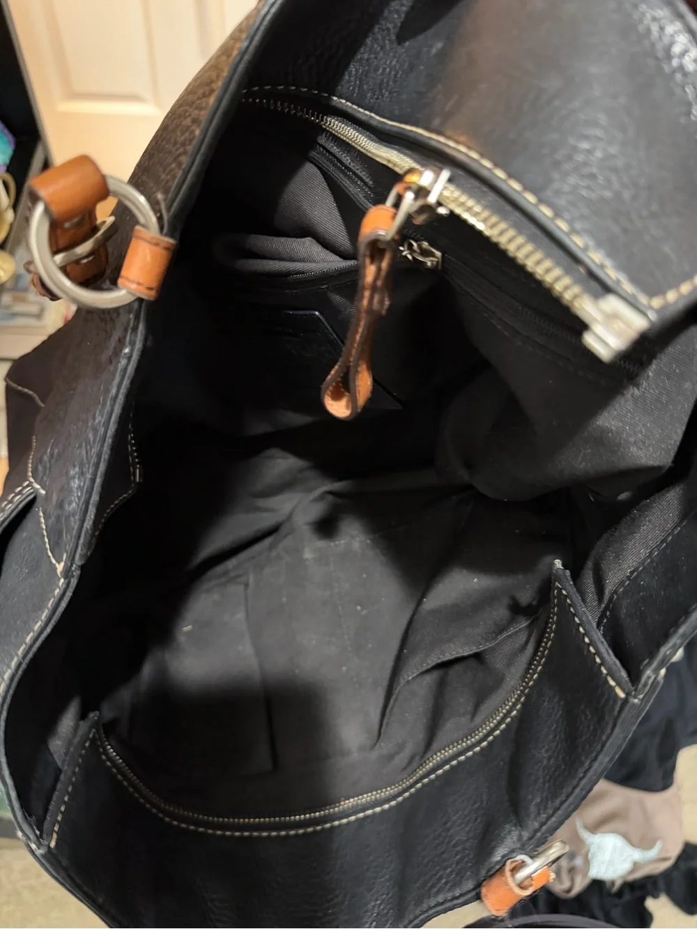 Classic Black Leather Tote with Tan Handles